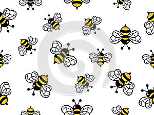 Cartoon bees seamless pattern. Bee flying on white background.