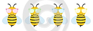 Cartoon bees set in colorful glasses. Cut bee wearing sunglasses collection.