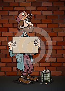 cartoon beggar against a brick wall