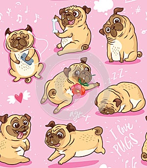 Cartoon beige puppies pugs seamless pattern. Vector illustration