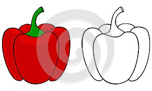 Cartoon bell pepper colorful and black and white. Coloring book page for children. Colored and outline vector paprika illustration