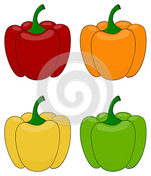 Cartoon bell pepper set. Red, orange, yellow and green peppers. Vector illustration collection