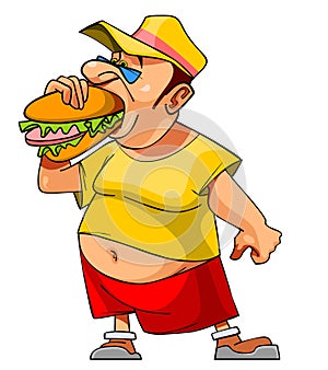 Cartoon bellied man eats a hamburger