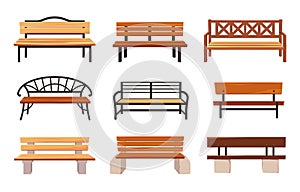 Cartoon bench. Wooden park benches, comfortable public garden seats and outdoor furniture vector illustration set