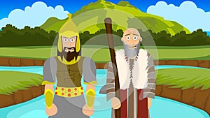 Cartoon Bible Illustration of Prophet Elisha and Naaman photo
