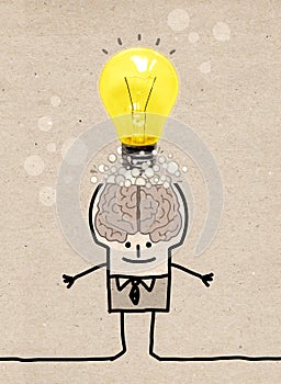 Cartoon big Brain Man with Light bulb over his head