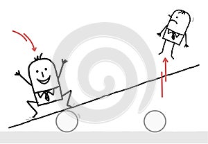 Cartoon Big Businessman Jumping on a teeter board, and Bumping off a small one