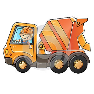 Cartoon big concrete mixer with worker. Construction vehicles. Colorful vector illustration for children