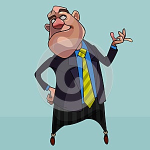 Cartoon big man in a suit with a tie demonstratively ponders