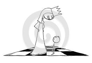 Cartoon of Big Menacing Chess Queen Looking at Small Pawn