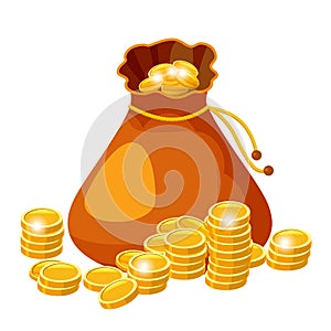 Cartoon big old bag with gold coins. Cash prize vector concept. Bag with golden coin, illustration of money, isolared on