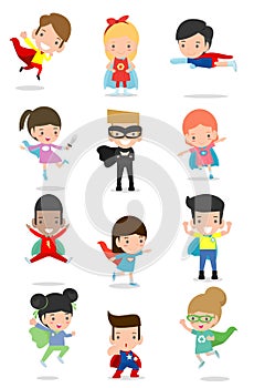 Cartoon big set of Kid Superheroes wearing comics costumes,Kids With Superhero Costumes set, kids in Superhero costume