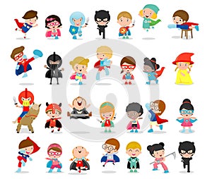 Cartoon big set of Kid Superheroes wearing comics costumes,Kids With Superhero Costumes set, kids in Superhero costume characters photo