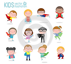 Cartoon big set of Kid Superheroes wearing comics costumes,Kids With Superhero Costumes set, kids in Superhero costume characters