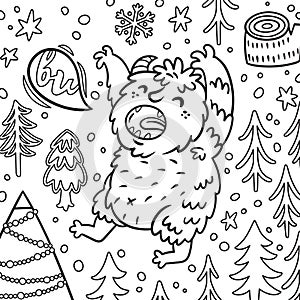 Cartoon Bigfoot or Yeti growls in the forest. Contour illustration