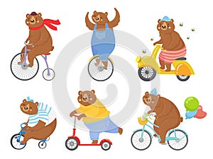 Cartoon biked bear. Bears on children tricycle, unicycle and retro bicycle. Animal riding bike, bicycles and scooter photo