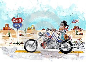 Cartoon of a biker and chopper riding along route 66