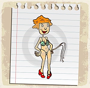 Cartoon bikini girl on paper note, vector illustration