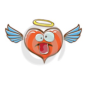 Cartoon bintage groovy heart character with wings and holy angel golden nimbus isolated on white background. Conceptual