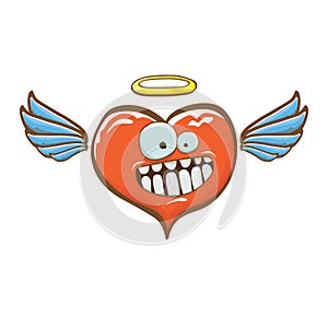 Cartoon bintage groovy heart character with wings and holy angel golden nimbus isolated on white background. Conceptual