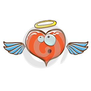 Cartoon bintage groovy heart character with wings and holy angel golden nimbus isolated on white background. Conceptual photo