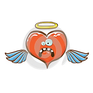 Cartoon bintage groovy heart character with wings and holy angel golden nimbus isolated on white background. Conceptual photo