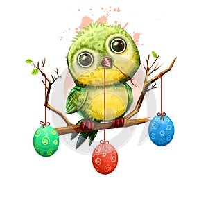 Cartoon bird on branch with holiday eggs isolated on white. Traditional symbol of christianity. Happy Easter digital banner in