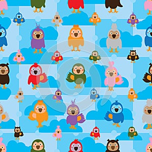 Cartoon bird color symmetry cloud seamless pattern