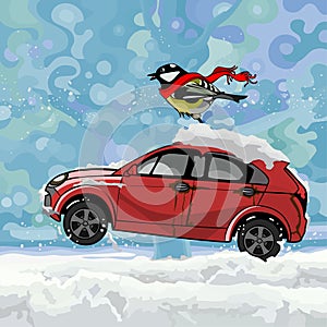 Progettazione della pittura uccello svolazzanti sciarpa sul auto correre sul la neve inverno 