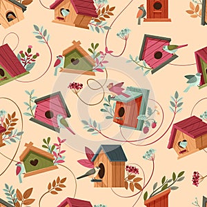 Cartoon bird houses pattern. Wooden bird homes with chirping birds and lush botanicals seamless vector background