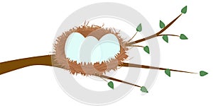 Cartoon bird nest with three eggs on tree twigs