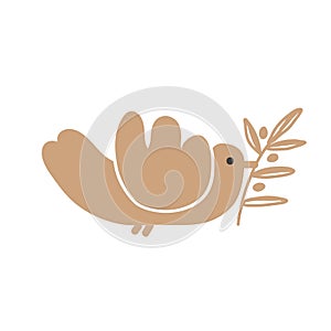 Cartoon bird with olive twig. Premium olive oil logo or element of peace day. Dove symbol icon, isolated vector