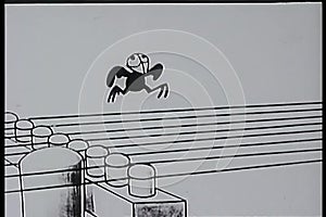 Cartoon of bird plucking telephone lines like guitar strings