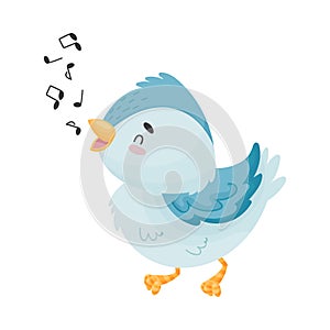 Cartoon bird sings. Vector illustration on white background.