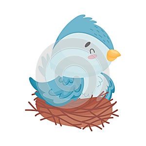 Cartoon bird sitting nest. Vector illustration on white background.