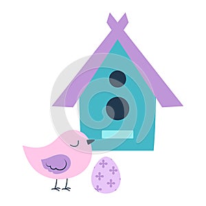 cartoon birdhouse, bird and egg
