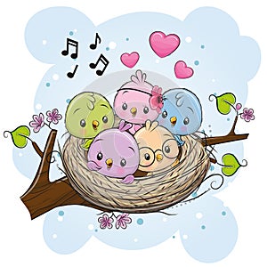 Cartoon Birds in a nest on a branch