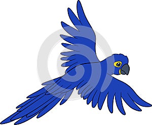 Cartoon birds. Parrot blue macaw flies and smiles