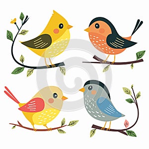 Cartoon birds perched branches, colorful feathers, cute avian characters. Four stylized songbirds