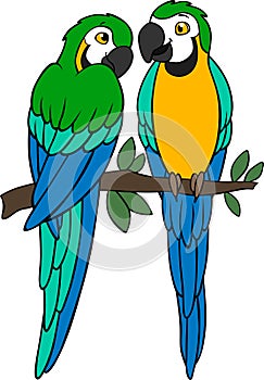 Cartoon birds. Two cute parrots yellow macaw sit on the tree branch