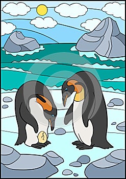 Cartoon birds. Two cute penguins look at the egg