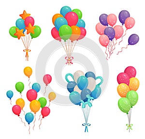 Cartoon birthday balloons. Colorful air balloon, party decoration and flying helium balloons on ribbons vector