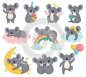 Cartoon birthday koalas. Lazy koala sleeping on cloud. Cute australian animals with balloons. Baby shower bear. Kids