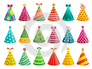 Cartoon birthday party caps. Funny celebration cap, holiday cone and colorful paper hat vector illustration set