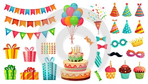 Cartoon birthday party decorations. Gifts presents, sweet cupcakes and celebration cake. Colorful balloons vector