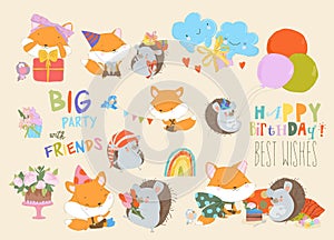 Cartoon Birthday Set with Cute Animals, Sweets and Gifts