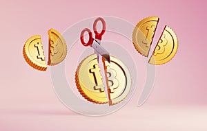 Cartoon Bitcoin coins cut in half by scissors on a colored background, concept of Halving, an event that occurs every four years