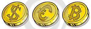 Cartoon bitcoin dollar and euro coins vector set