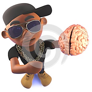 Cartoon black African American hip hop rapper holding a brain, 3d illustration