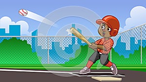 Cartoon of black boy baseball player hitting the ball on the field